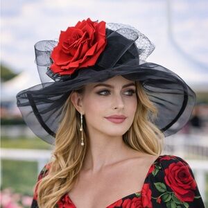 Kentucky Derby Elegant Black and Red Rose Floral Organza Hat